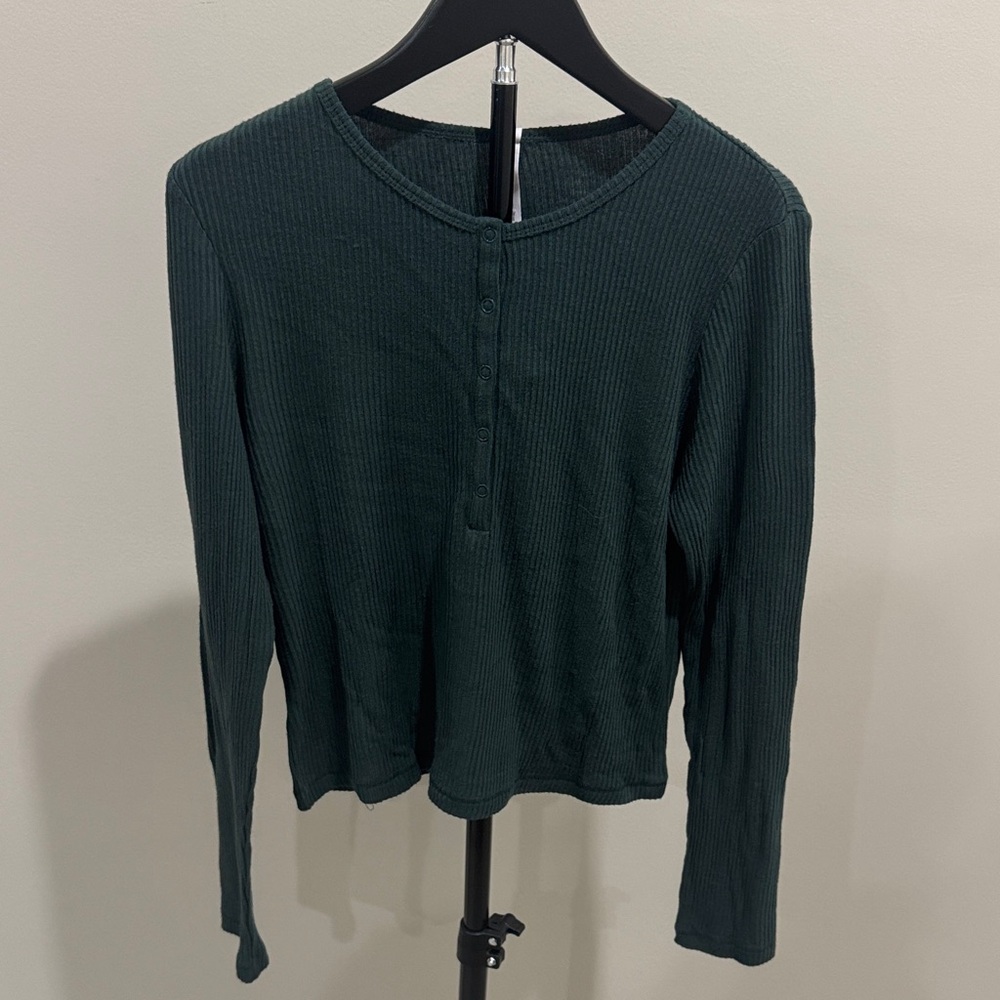 Auden Dark Green Ribbed Henley Long-Sleeve Top